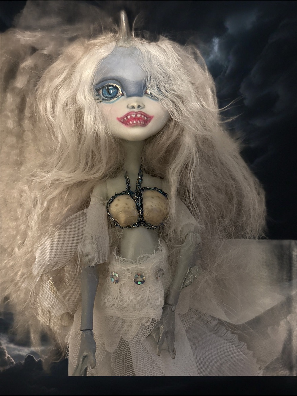 OOAK monster high doll in gray and white gown